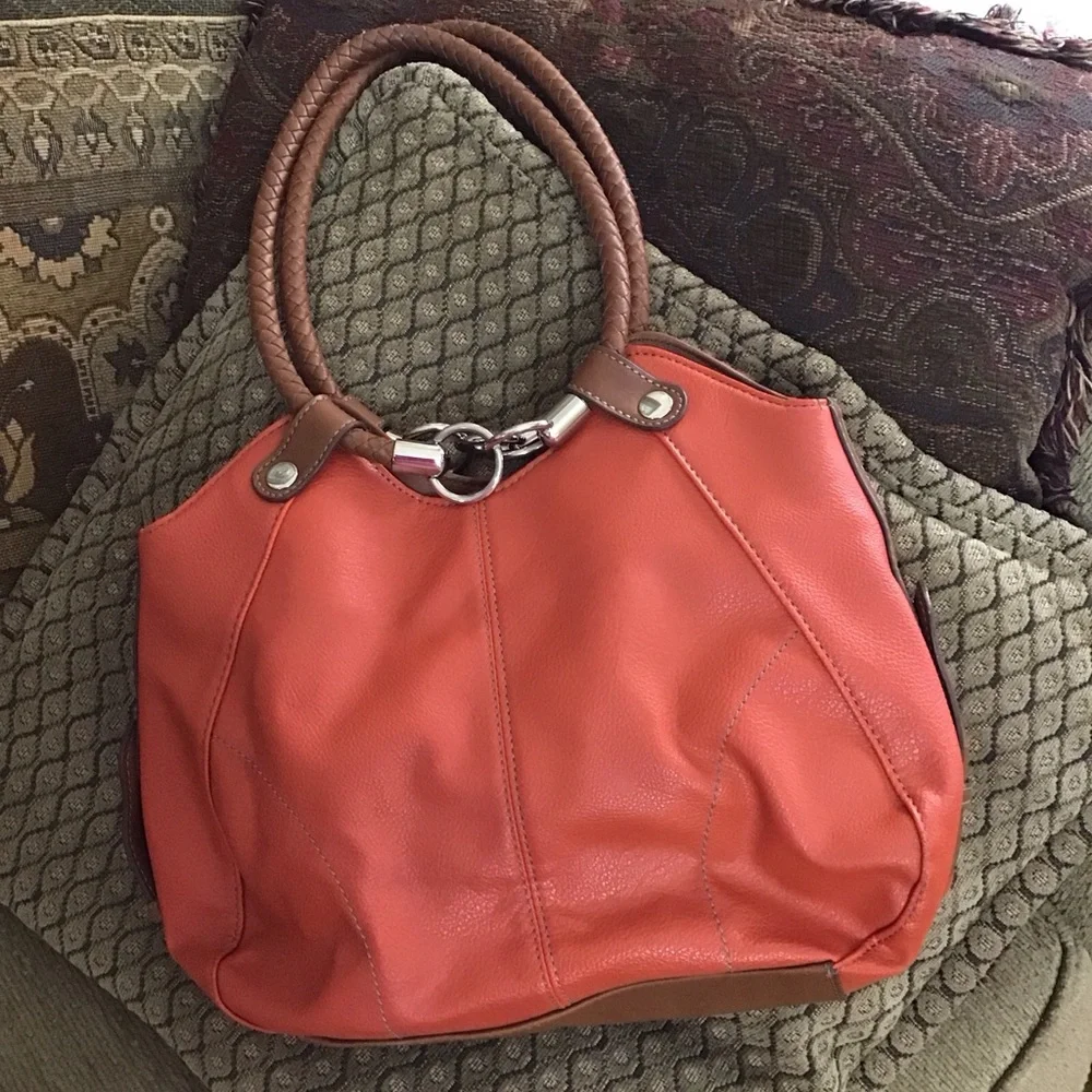 Coral orange brown Handbag purse braided handles 14” x 18” including handles EUC - Picture 15 of 15